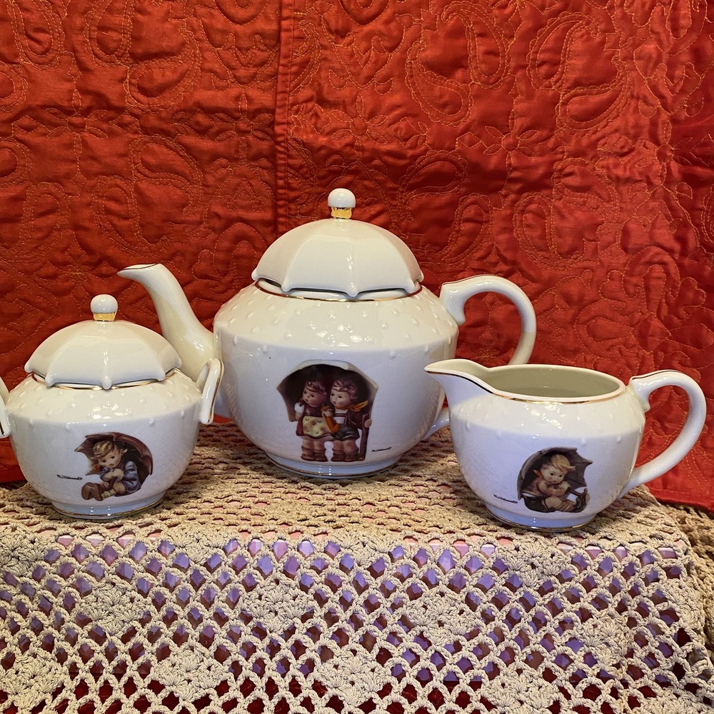 Hummel‎ Danbury Mint Stormy Weather Tea Set Umbrella Boy Creamer Girl Sugar